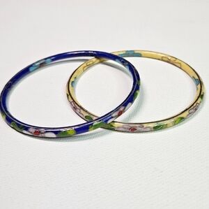 Elegant Blue Cream Floral Cloisonne Bangles 11 Total Of Various Metals